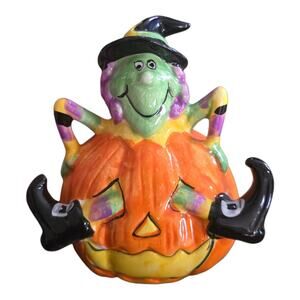 VTG Halloween Jack O Lantern Witch Purple Hair Ceramic Holiday Pumpkin Figurine